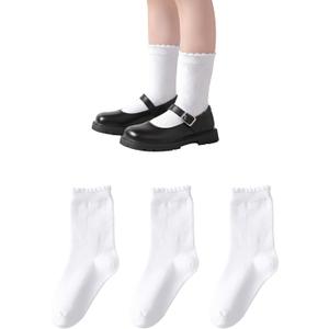 Marchare Girls Ruffle Socks White Dressy Socks School Uniform Sock Heart Bow Design For Girl (White)