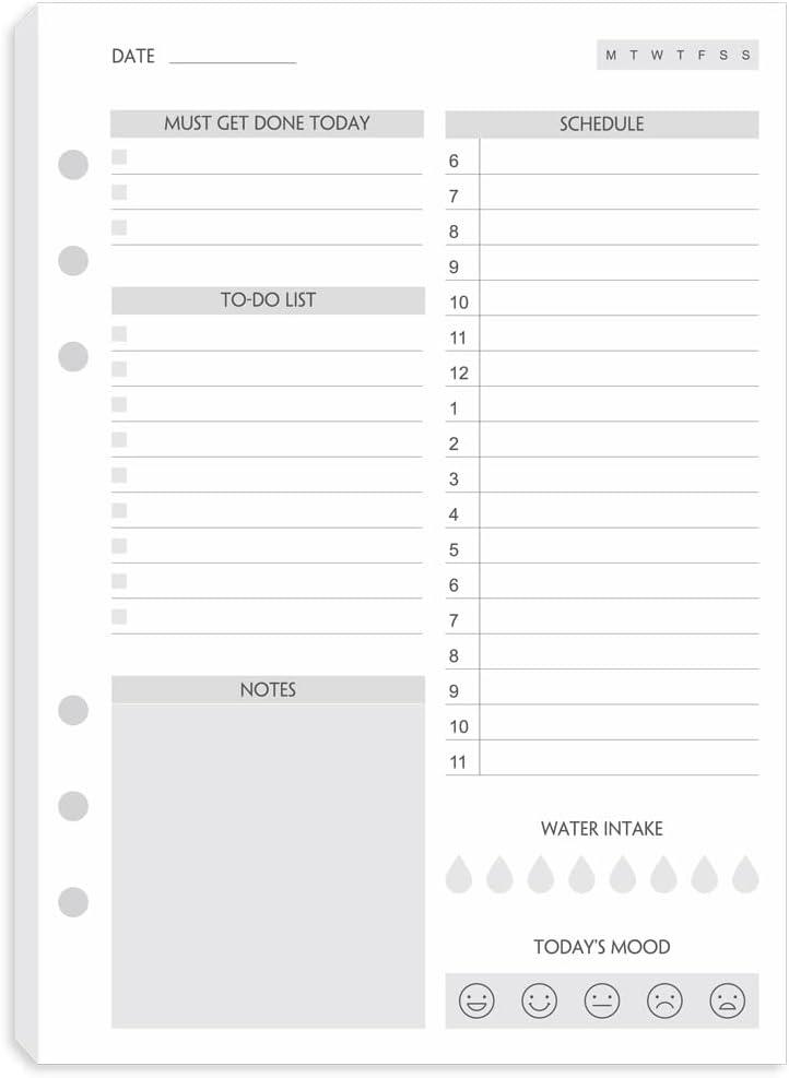 A5 To Do List Refill Paper 100 Sheets, Undated Daily Schedule, Day Priorities, Notes and Water Tracker, 6-Hole Punches, 5.82"x8.26"