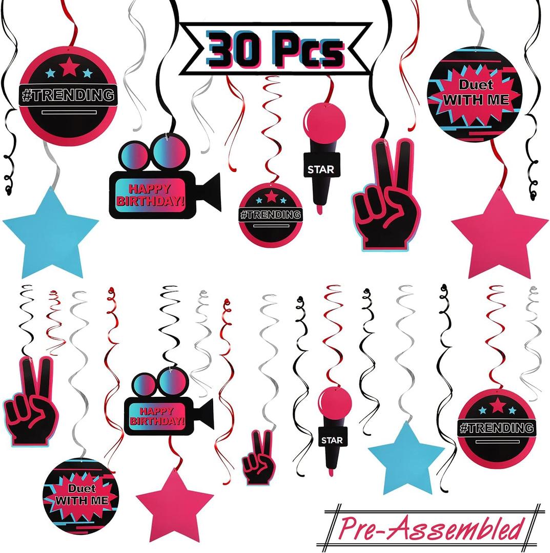 LINGTEER Tic Tok Music Party Decoration Kit - 30 Pcs Foil Ceiling Hanging Swirls Streamers Perfect for Music Happy Birthday Party Gift Decorations Sign.