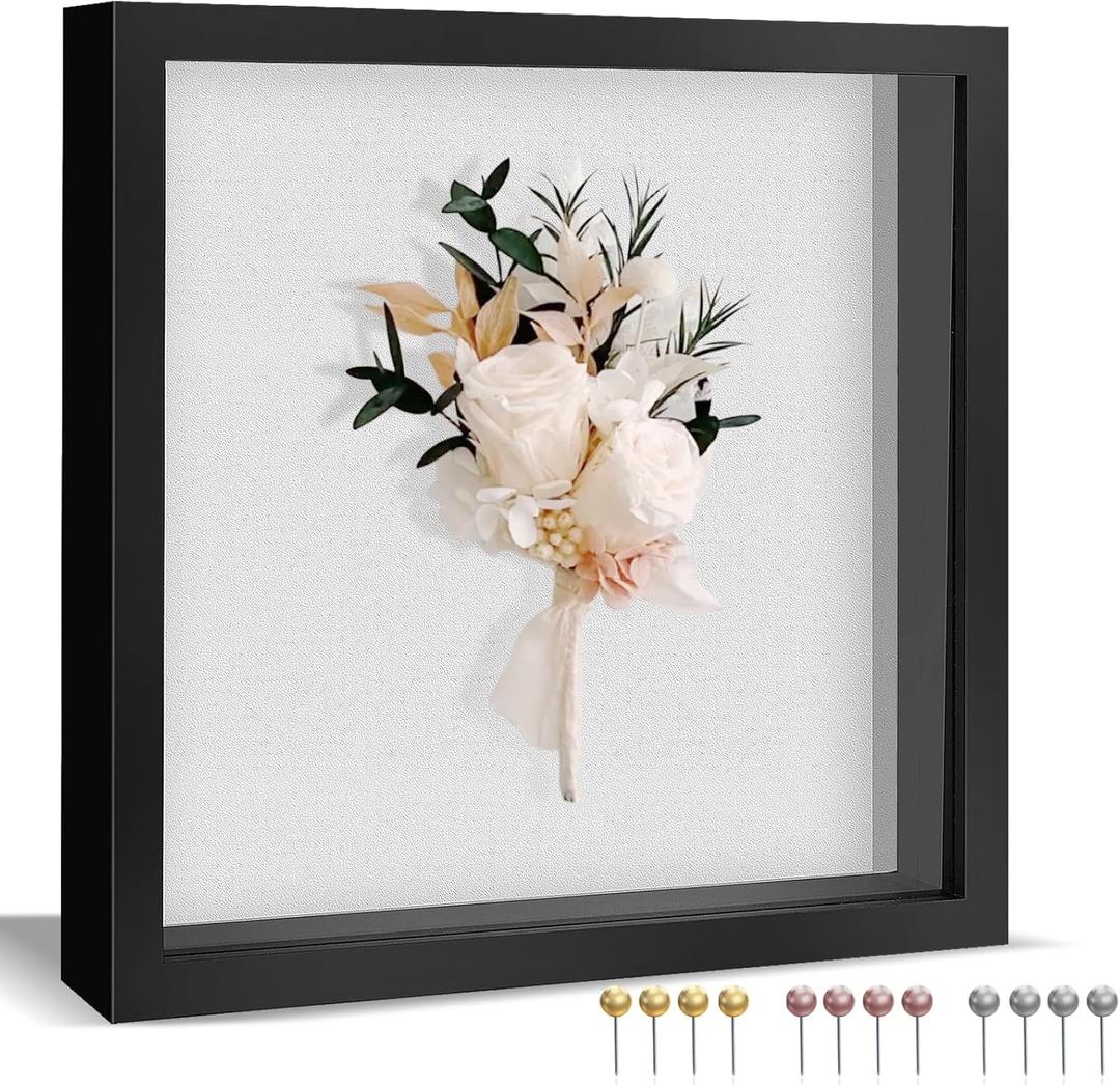 Ninsula 8x8 Shadow Box, Shadow Box Frame with Soft Linen Back - Push 12PCS Pins Included, 3D Picture Display Cases Box for Flowers, Tickets, Souvenirs, Photographs, Handicrafts (Black)