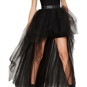 Womens Tulle Skirt Steampunk High Low Irregular Tutu Bustle Skirt Asymmetric Layered Mesh Elastic Waist Dovetail Skirts (Medium, Black)