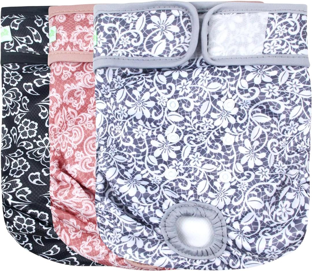 wegreeco Luxury Washable Reusable Dog Diapers (Stylish Pattern) - Female Dog Diapers, Doggie Diapers, 3 Pack (Lace, Medium) (Medium (12"-15" Waist))