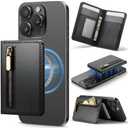 Strapurs Magnetic Card Holder Compatible with MagSafe Phones and Cases, PU Leather Slim Phone Wallet for iPhone 16/ 15/ 14/ 13/ 12/ Pro/ Max/ Plus, 4 Card Slots RFID Blocking with Zipper Pocket - Black