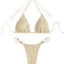 Verdusa Women's 2 Piece Bikini Set Swimsuits Swimwear Halter Triangle Top and Thong Bathing Suit (Beige)