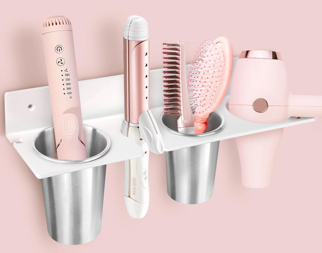 Hair Tool Organizer, Hair Dryer Holder with Heatproof Steel Cups, Acrylic Vanity Organizer for Curling Iron, Flat Iron & Hair Brushes, Perfect for Bathroom (White, Oversized)