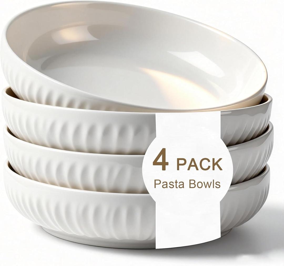 8 Inch Ceramic Pasta Bowls set of 4, 40 Oz White Serving Bowls - Microwave, Dishwasher & Oven Safe, Shallow Soup Bowls for Salad, Pasta, Cereal
