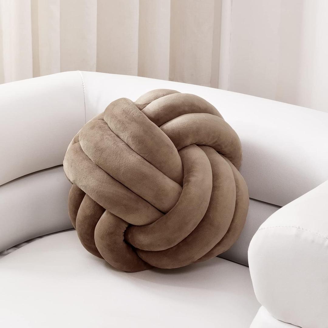 Sioloc Soft Knot Ball Pillows,Round Throw Pillow Cushion Home Decoration Plush Pillow,Throw Knotted Pillow Handmade Round Plush Pillow10.6inches,Brown, Medium