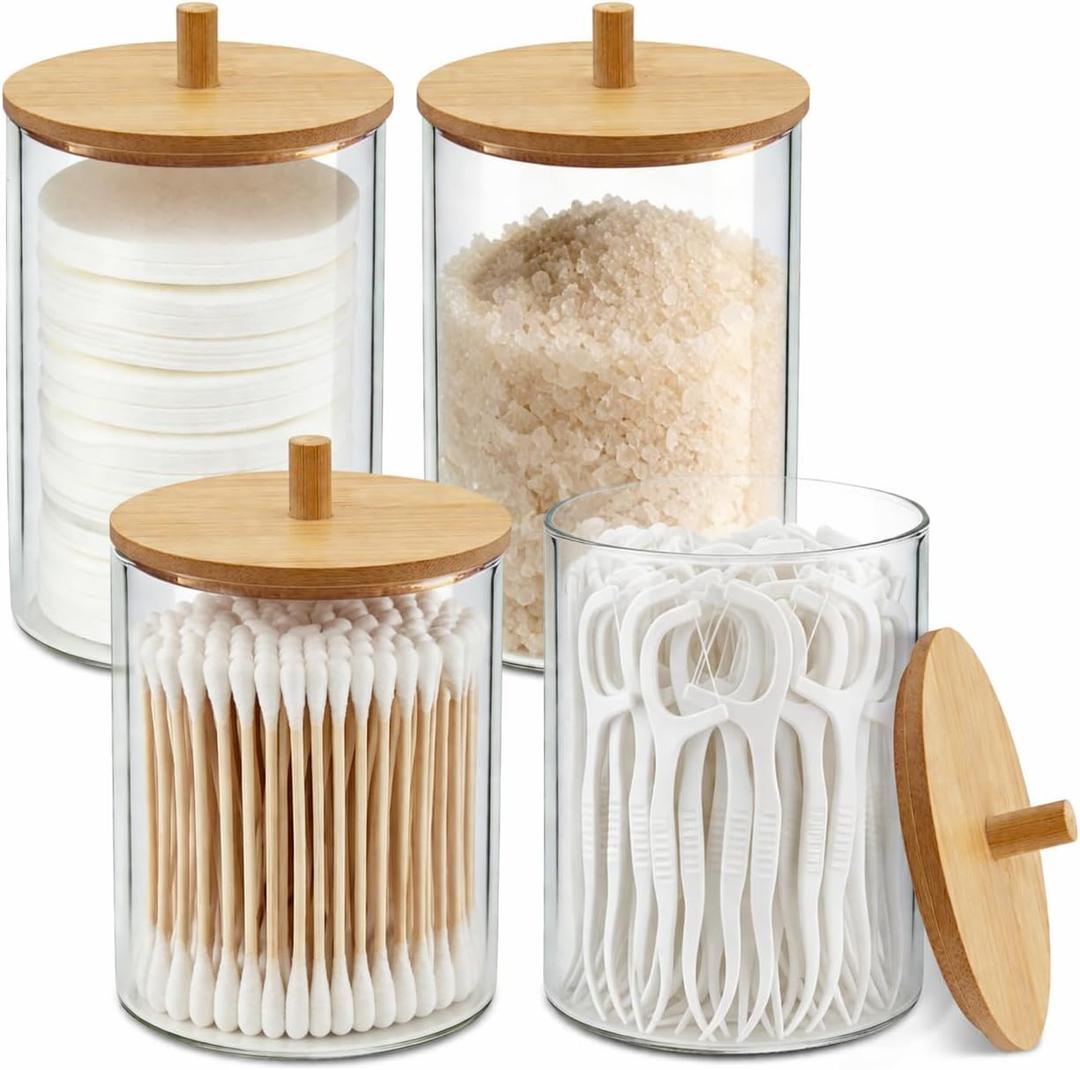 Glass Qtip Holder Dispenser, 10 oz Apothecary Jar with Bamboo Lid, 4 Pack | Cotton swab holders with bamboo lids; stores cotton balls, pads and floss picks for neat bathroom vanity organization.