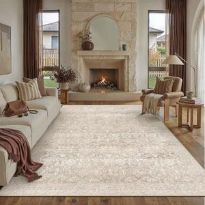 PureCozy 8x10 Area Rugs Washable Beige Living Room Bedroom Vintage Carpet Indoor Large Non Slip Soft Low Pile Thin Rug Retro Accent Office Dining Room Home Office Rug
