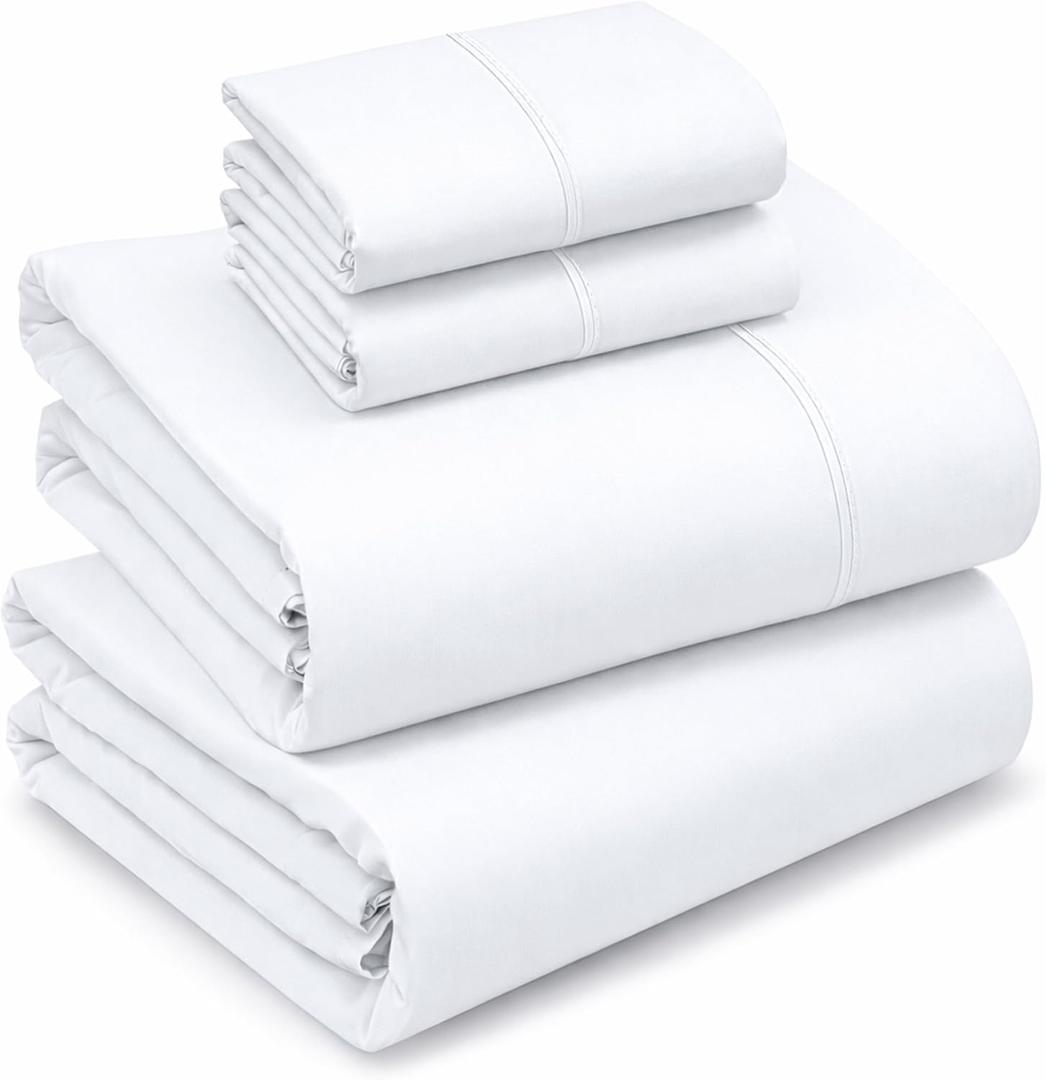 RUVANTI 100% Cotton Sheets Queen Size Percale Bedding, Cooling & Breathable, Durable with a Crisp, Soft & Comfortable Feel, 16" Deep Pocket, 4-Piece Set, Bright White