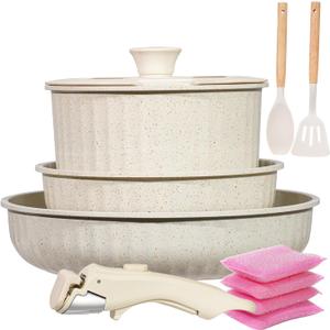 Vivicreate 11 Piece Pots and Pans Set Nonstick with Removable Handle, Induction Cookware, Stackable Kitchen Set for RV Camping Apartment, Frying Pan and Saucepan (White)