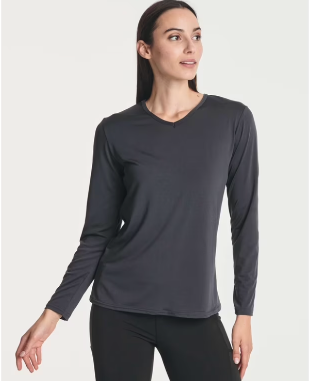 Real Essentials Women's Long Sleeve Dry Fit V-Neck T-Shirt - Active Athletic Workout Gym Top, XL 