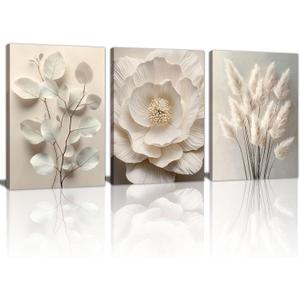 3Pcs Beige Floral Botanical Frame Canvas Wall Art, Neutral Textured Flower Plant Wall Painting Picture Wall Decor Vintage Blossom Posters Prints for Bedroom Living Room Reay to Hang 20"x28"x3Pcs