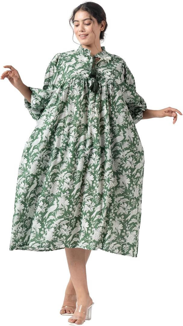 Rifle Green Hand Block Printed Boho Cotton Midi Dress for Women, Floral Print Maternity-Friendly Summer Tunic with Tassel & Pockets (Green, L)