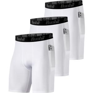 Runhit Compression Shorts Men Underwear Spandex Running Shorts Workout Athletic (XX-Large, 3 Pack Pocket, White x3)