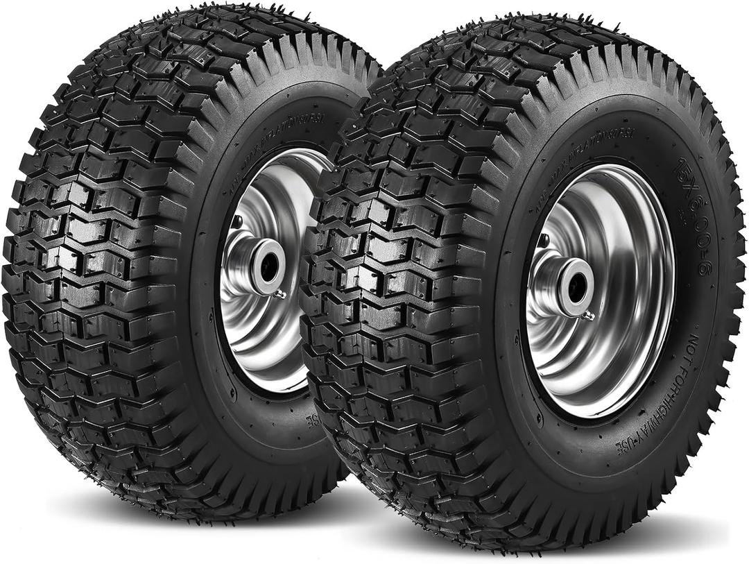 15x6.00-6 Lawn Mower Tire and Wheel Front Tire 2PCS, 3" Centered Hub | Bore ID 3/4" | Natural Rubber 4 Ply with Tube for John Deere Craftsman Husqvarna Riding Mowers Lawn Tractors