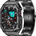 Stainless Steel Watch Band with Case Compatible with Apple Watch Series SE 3 2 1/6 5 4 (44mm), Series 3 2 1 (42mm), Metal Protective Bumper Rugged Cover for iWatch Bands Men (Black)