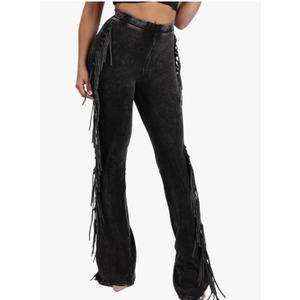Flared Leggings Women High Waisted Tassels Side Washed Distressed Stretch Slim Fringe Bootcut Pants, XL