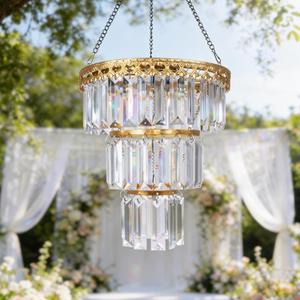 Solar Hanging Crystal Chandelier Outdoor Crystal Prism Light Waterproof Metal Light with Warm White LED Vintage Brass Finish Decorative Lantern for Patio, Garden, Gazebo,Party