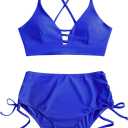 ZAFUL Women High Waisted Bikini Set Two Piece Tummy Control Wrap Swimsuit Lace Up Bathing Suit (Small, Cinched-royal Blue)