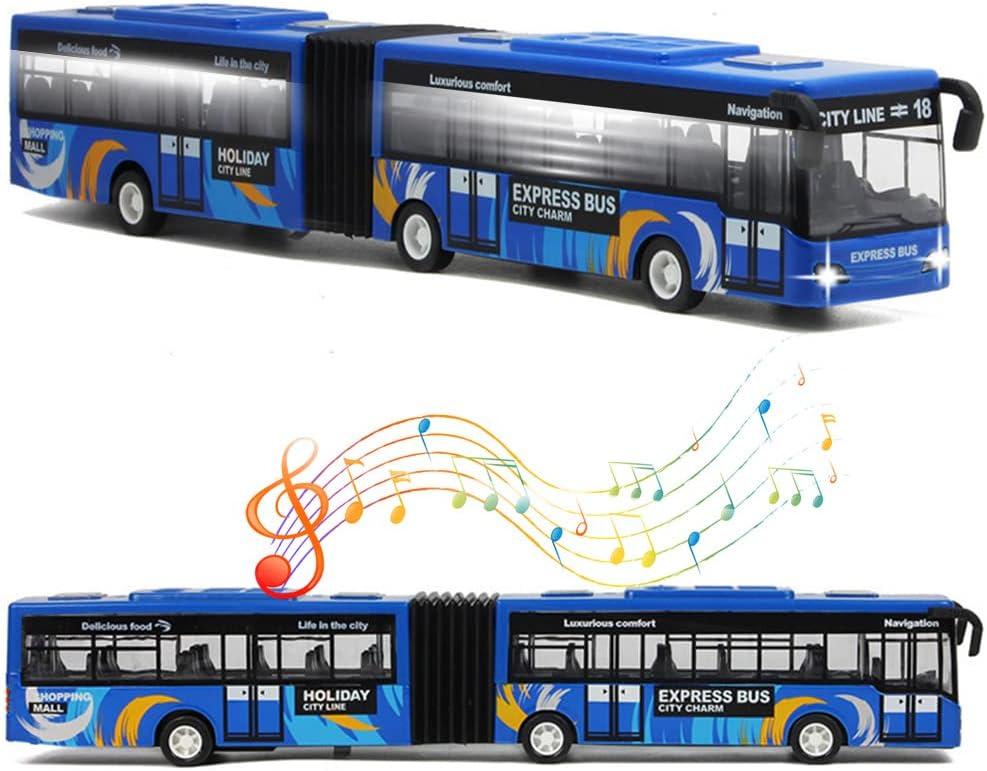 Crelloci City Bus Toy for Kids, Die Cast Alloy Pull Back Vehicles, Metro Articulated Electric Bus with Sounds and Lights, Model Cars Toys Educational Gift for Kids Boys Girls Ages 3+ (Blue)