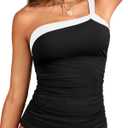 Women's Swimsuit Tankini Top Only - One Shoulder Swim Top Tummy Control Bathing Suit No Bottom 2025 Swimwear (Black White), S