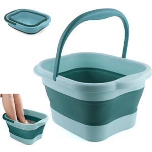 Collapsible Foot Bath Soak Tub with Handle, Plastic Foldable Feet Spa Soaking Basin Bucket with Massager Acupoint for Washing, Pedicure Foot Care Bathtub Bowl Tools for Pain Relief, Green