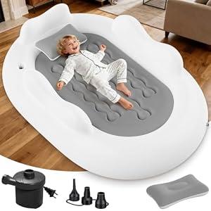 Abdtech Inflatable Toddler Travel Bed Kids Air Mattress with Safety Sides Portable Blow Up Mattress with Bumpers & Pump for Camping, Travel, Home-Grey 60 Inch