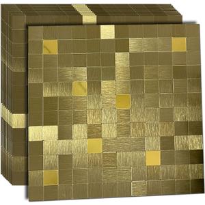 10 Sheets Peel and Stick Backsplash Tile for Kitchen, Self-Adhesive Mosaic Tile, Stick on Bathroom VanitiesFireplace Dcor, Laundry Table(11.81" X 11.81") (Brushed Gold+Golden Mirror, 10)