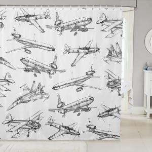Airplane Shower Curtain Aircraft Bathroom Curtain for Kids Girls Boys Teens Bathtub Decor Black White Sketch Print Waterproof Curtain Flying Theme Bath Curtain,12 Hooks Sets,72" Wx72 L