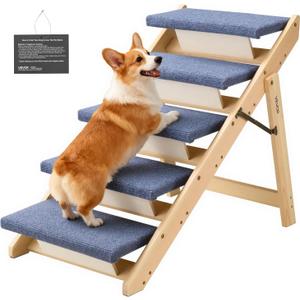 VEVOR Wood Pet Stairs, 5-Step Dog Stairs for Beds, Sofa & Cars, 150lbs Load Capacity, Floded Flat Design, Stable & Sturdy Cat & Dog Step Ladder for Small Medium Large Older Pet Puppy Essentials