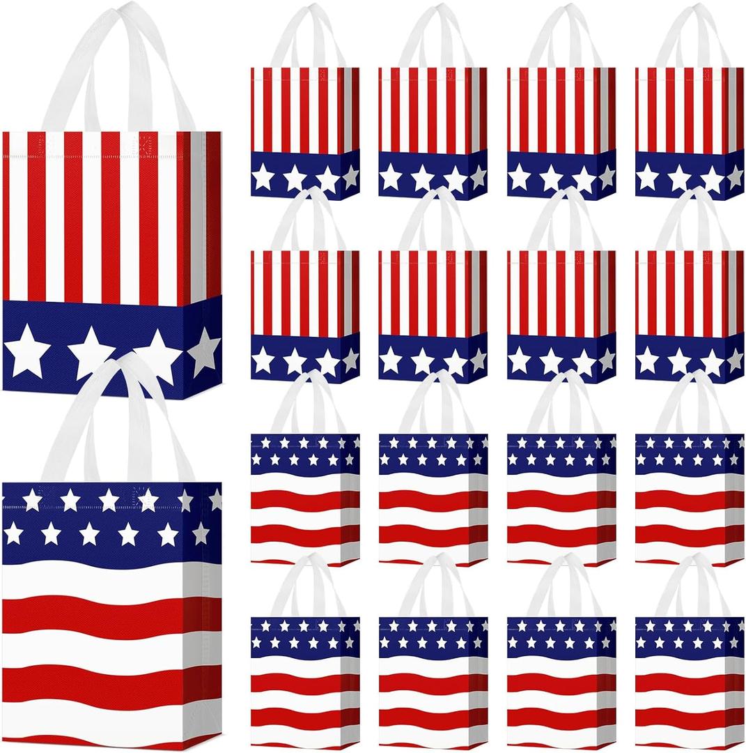 Locmeo 24 Pcs 4th of July Patriotic Party Favor Bags with Handles Reusable Non Woven American Flag Goodie Bags Independence Day Gift Bag for Girl Boy Birthday Memorial Party Supplies, 8 x 4 x 10 Inch