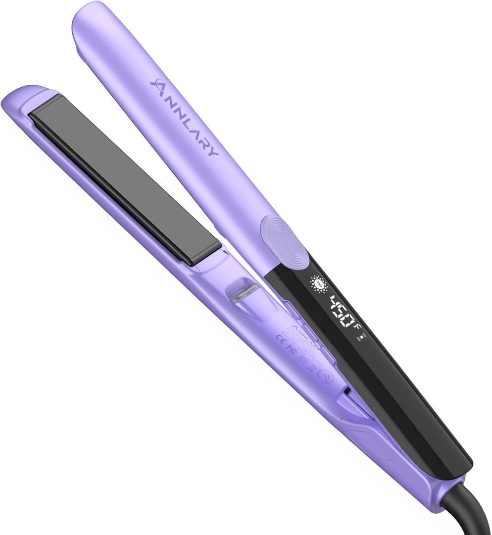 Annlary Hair Straightener 1 Inch Flat Iron and Curler 2 in 1 Titanium Ceramic Ionic Dual Voltage Straightener with Heat-Resistant Silicone, for Less Frizz, Shinier & Smoother (Purple)