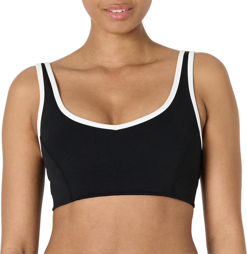 Amazon Essentials Women's Active FormFlex Buttery Soft Light Support V-Neck Sports Bra with Contrast Trim (Medium, Black/White)