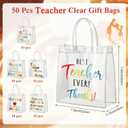 Canchiing 50 Pcs End of Year Teacher Clear Gift Bags with Handles Reusable Clear End of Year Treat Bags Thank You PVC Gift Wrap Totes for Graduation Teacher Appreciation Supplies, 7.9 x 7.9 x 3.1