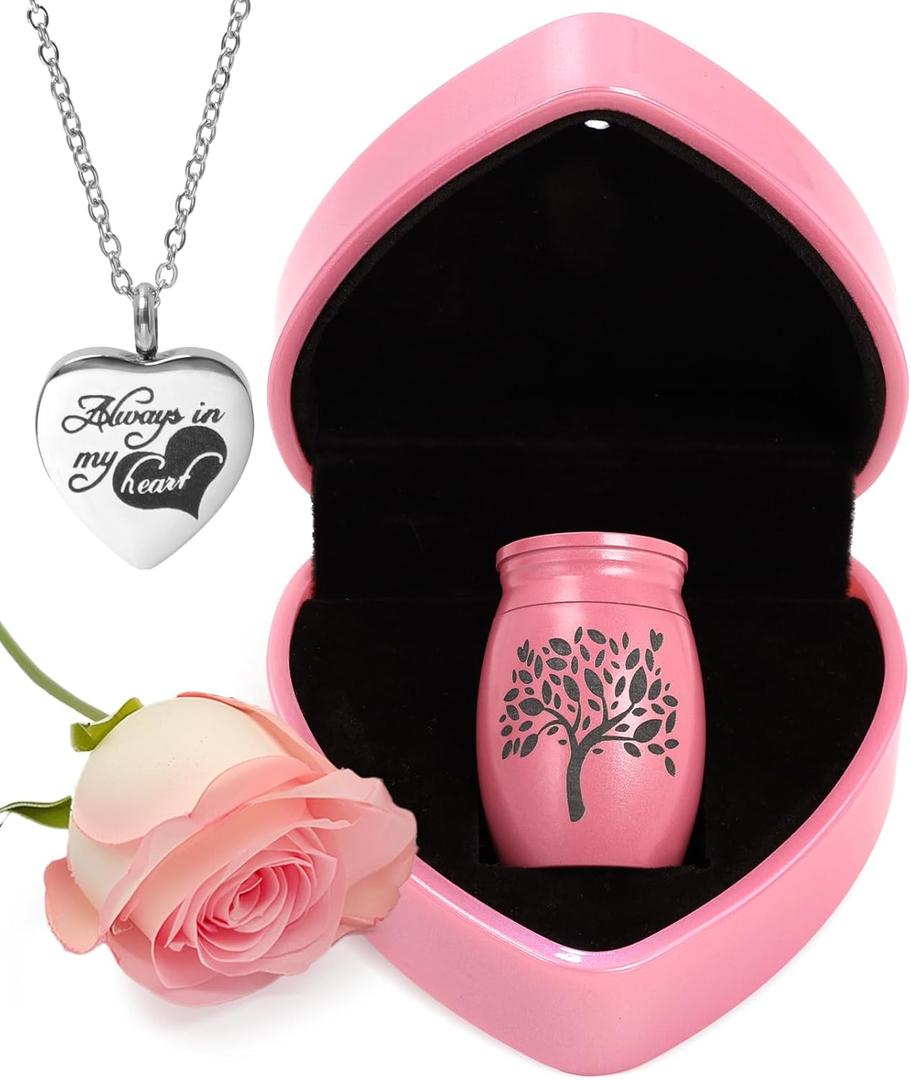 Small Urns for Human Ashes Keepsake - 1.6" Pink Mini Cremation Urn with Necklace Heart Box - Very Feminine Pretty Tiny Funeral Urn - Little Miniature Urn Memorial Gift for Baby Mom Sister Women Female