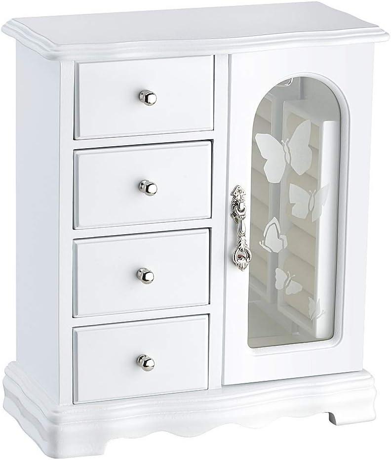 RR ROUND RICH DESIGN Jewelry Box - Made of Solid Wood with 4 Drawers Organizer and Built-in Necklace Carousel and Large Mirror White
