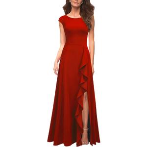 MUSHARE Women's Cocktail Dresses with Pockets Ruffled Sexy Split Party Long Formal Dress (Red, S)