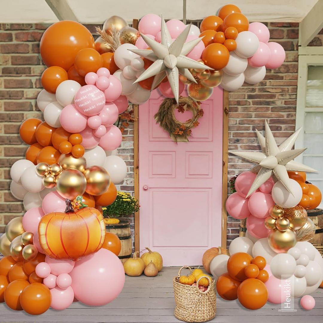 Pink Fall Balloons Garland Arch Kit - 149pcs Burnt Orange Nude Pink Gold Balloons with Pumpkin Foil Balloon for Thanksgiving Autumn Fall Birthday Party Decorations