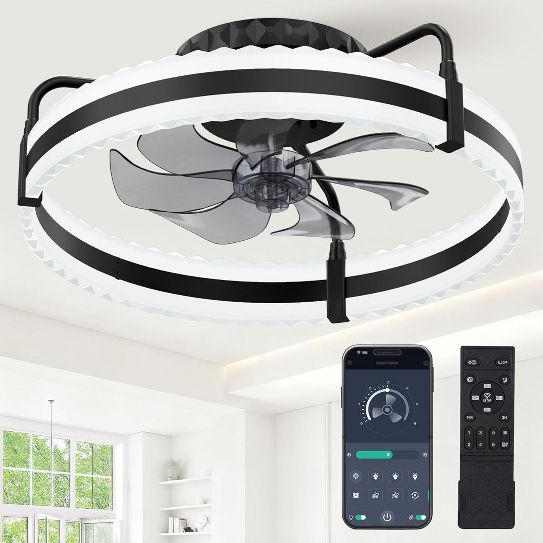 Ceiling Fan with Lights, 20'' Low Profile Ceiling Fans, 30006500K Dimmable Fandelier LED Fan Light, Black Modern Flush Mount Ceiling Fan, 6 Speeds Reversible DC Motor Noiseless for Bedroom, Kids Room