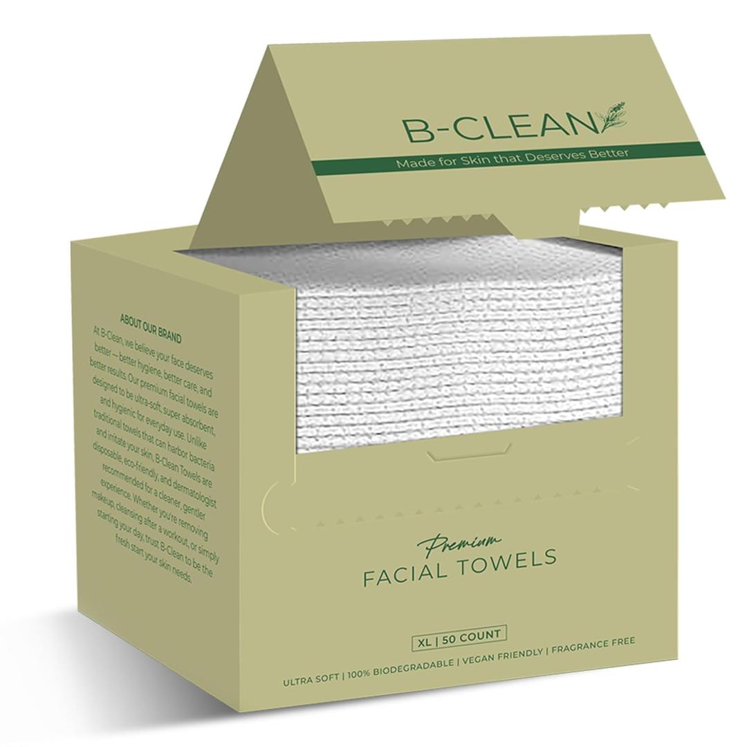 B-Clean Premium Facial Towels - Extra Soft, Tear -Resistant, Lint Free, Disposable, Vegan, Fragrance-Free Hygienic Skincare Towels for Daily Cleansing and Makeup Remover Dry Wipes (50 Count Pack of 4)