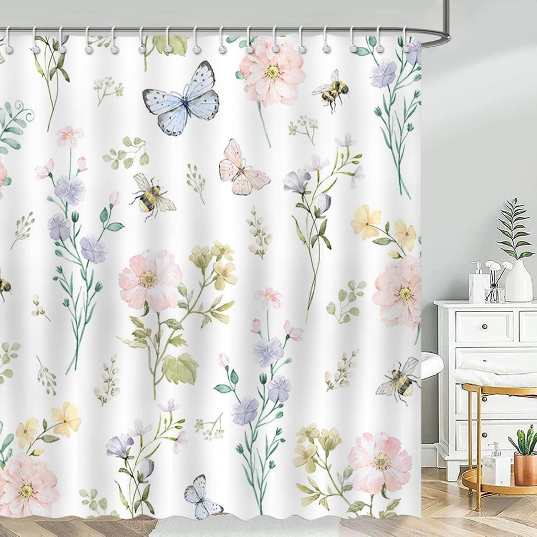 Mocsicka Floral Shower Curtain Farmhouse Butterfly Floral Bathroom Shower Curtain Boho Wildflower Bee Waterproof Fabric Shower Curtains Bathtub Decor with 12 Hooks 72 X 72 Inch