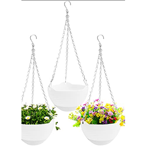 3 Pack 8 inch Hanging Planter Pots,Self-Watering Round Hanging Basket with Water Tray Metal Chain,Succulent Flower Plant Pot Container for Indoor Outdoor Garden Balcony Wall Decor,White