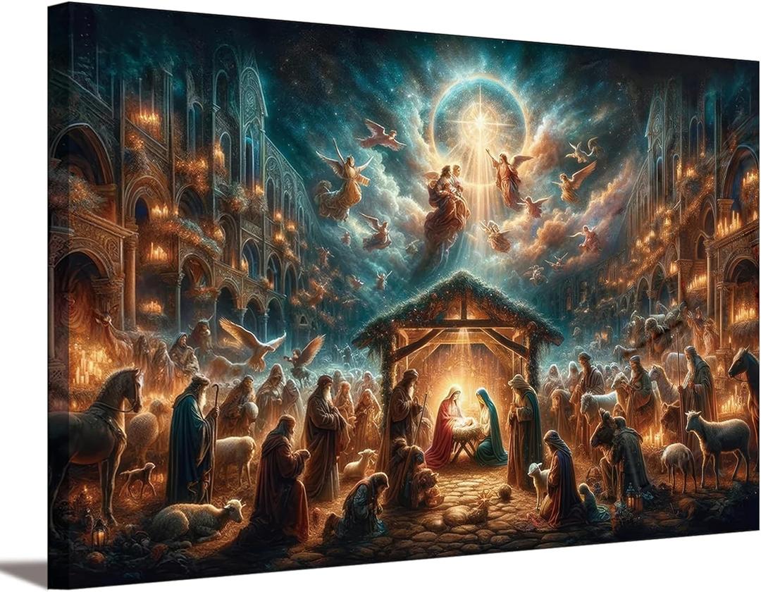 Nativity Canvas Wall Art Birth Of Jesus In Manger Wall Decor Picture Christian Bible Stories Poster Print Painting For Living Room Bedroom Church Home Decoration Ready To Hang (16L" x 12W")