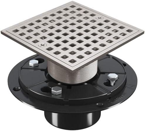 Yaseingoo 4 Inch Shower Floor Drain with Flange - Square Shower Drain with Hair Strainer - Removable Grid Strainer Cover - SUS304 Stainless Steel & CUPC Certified - Brushed Nickel