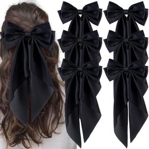 6Pcs Large Bows Hair Clips for Women Girls Long Tail Hair Ribbon Silky Satin Barrettes Coquette Hair Bows Accessories (Black)