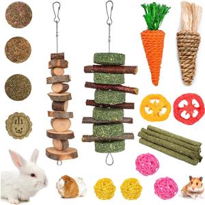 Grddaef 20 PCS Bunny Chew Toys for Teeth, Natural Rabbit Toys Apple Wood Grass Timothy Sticks Chew and Treat for Guinea Pigs Hamster Chinchillas