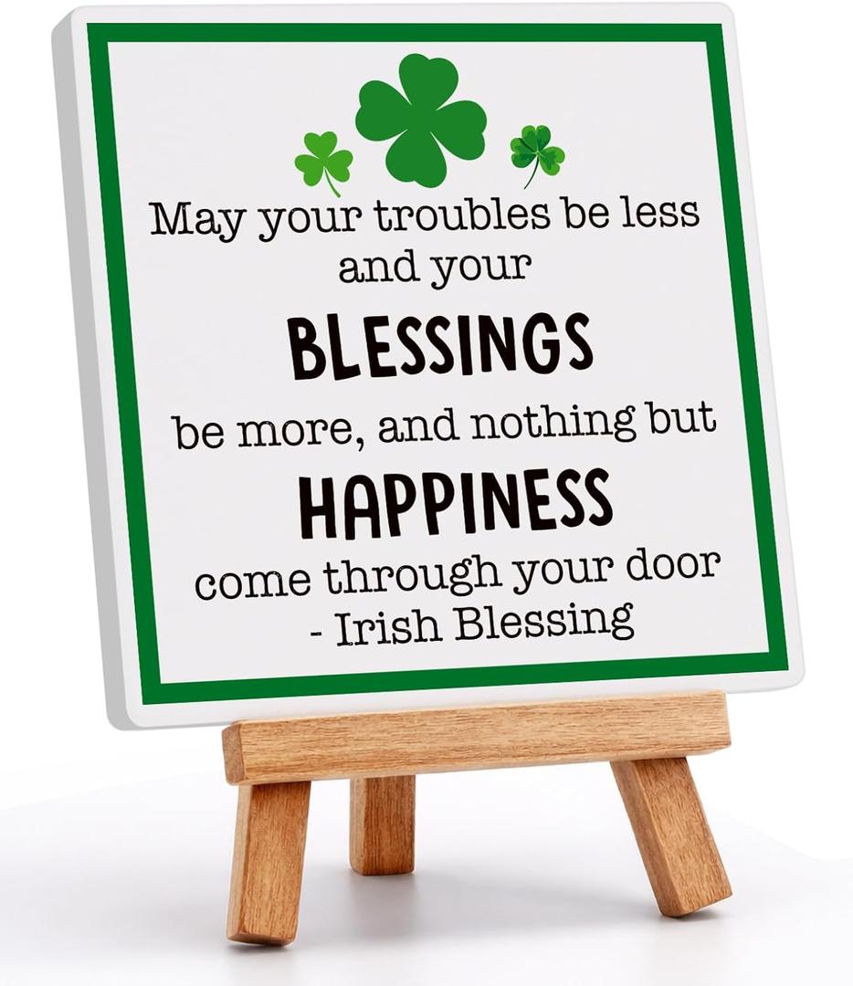 St Patricks Day Decoration - Happy Saint Patricks Day Accessories Decor, Wood Ceramic Irish Blessing Table Desk Sign, Green Lucky Shamrock Home Office Spring Tiered Tray Decor Centerpiece