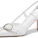 Coutgo Womens Slingback Kitten Heels Studded Closed Pointed Toe Pumps with Buckle Party Dress Shoes (8, White)