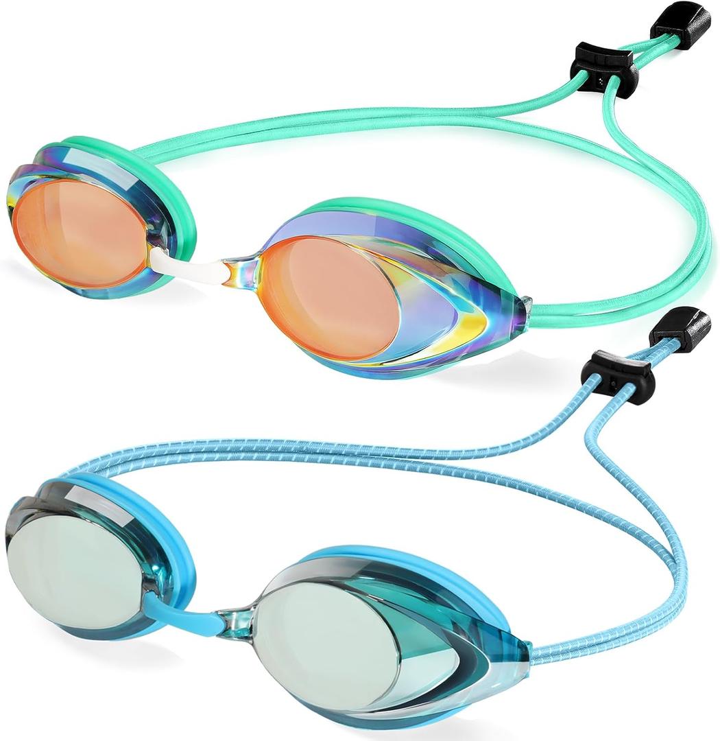 Racing Swim Goggles 2 Pack for Adult Men Women 180 Panoramic Clear View Bungee Strap Swimming Goggles No Leaking (Green and Blue)